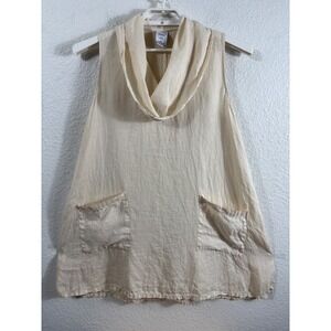 Match Point Linen Tunic Tank Women M Beige Oversized Cowl Neck Pocket